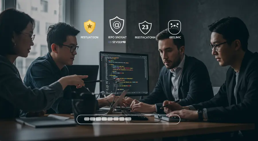Developers collaborating on code review with gamified elements like points and badges